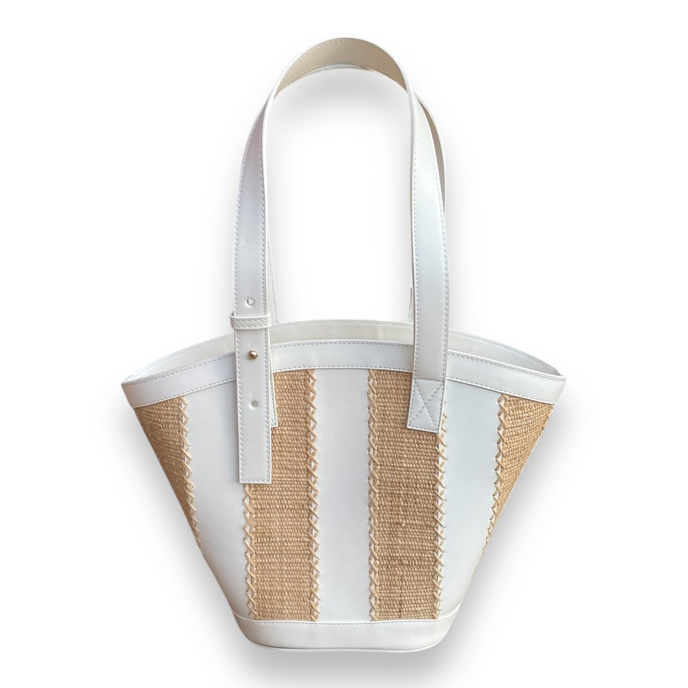 Beau & Ro White Leather Woven Straw Tote Bag Summer Coastal Bucket Handbag‎